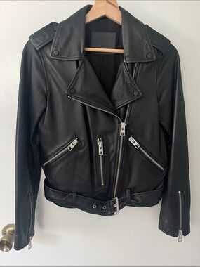 All Saints Black Leather Biker Jacket with Silver Hardware